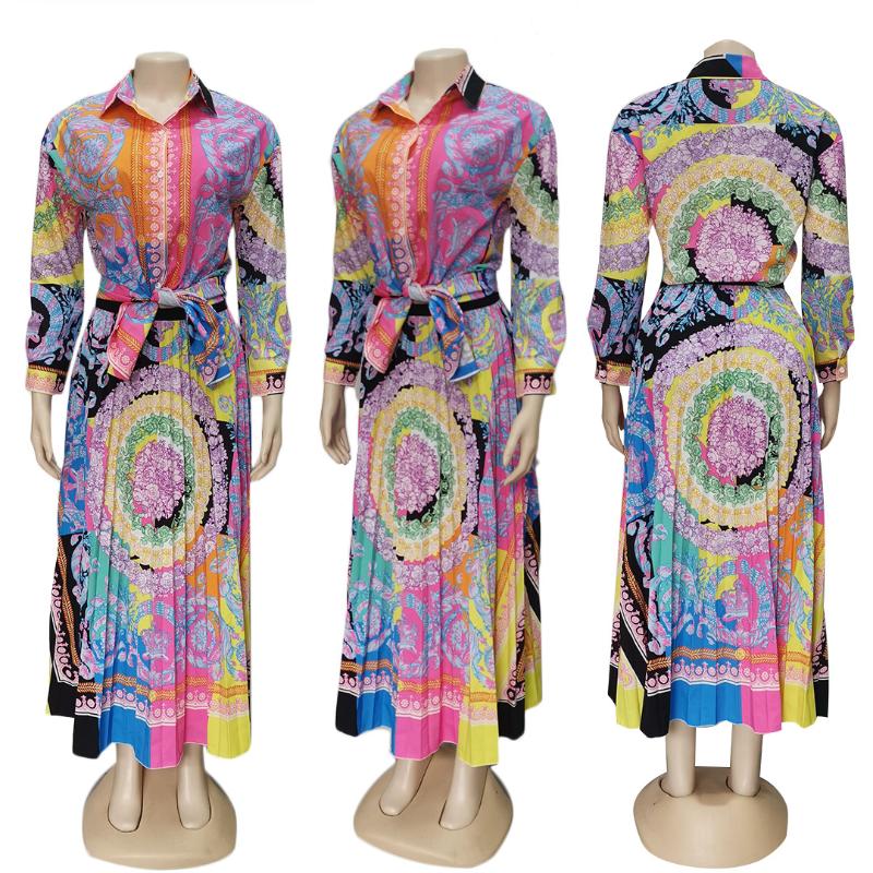 Two Piece Dress Sets Women Long Sleeve Shirt And Skirts Suits Flower Print Tops Vintage Skirt For Elegant Women's 2 Pcs