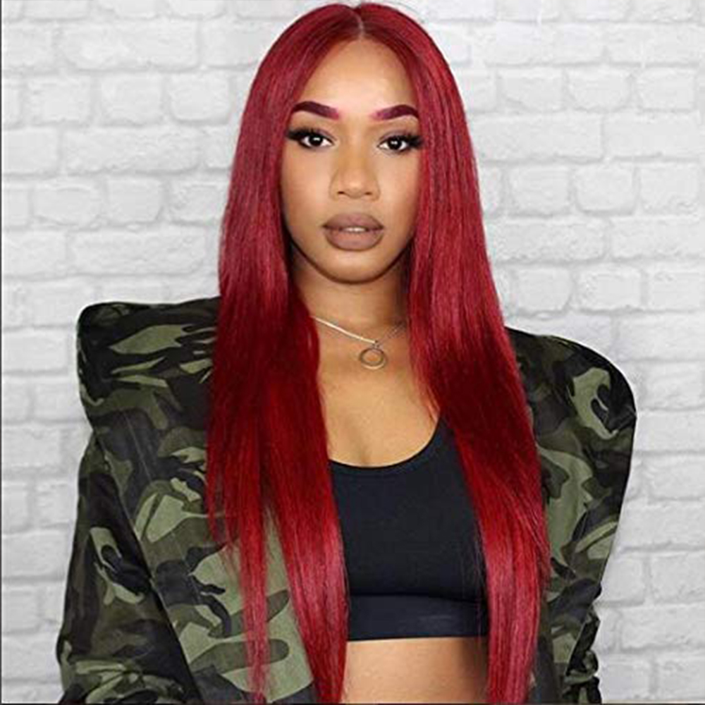 Red Color Silk Straight Glueless Full Lace Wigs With Baby Hair Pre Plucked Remy Burgundy Human Hair Wig For Women