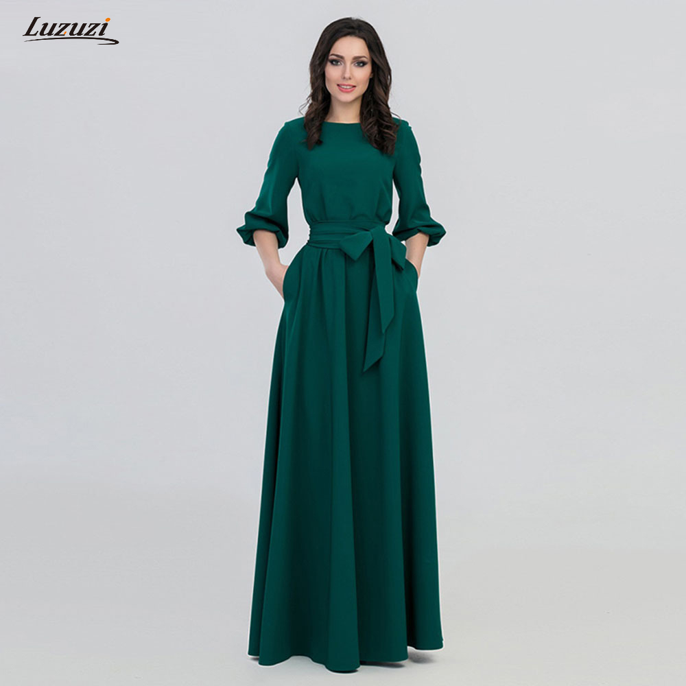 Wholesale-Luzuzi Spring woman O-Neck long dress new bohemian style slim vestidos vintage three quarter lantern sleeve casual dress CR6498