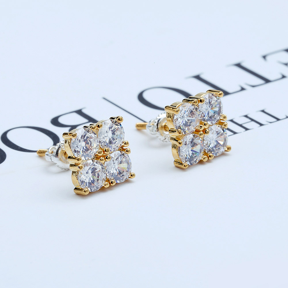 Hip Hop Square Stud Earrings Screw Back Large White Zircon Gold Plated Earrings Vintage Geometric Jewelry
