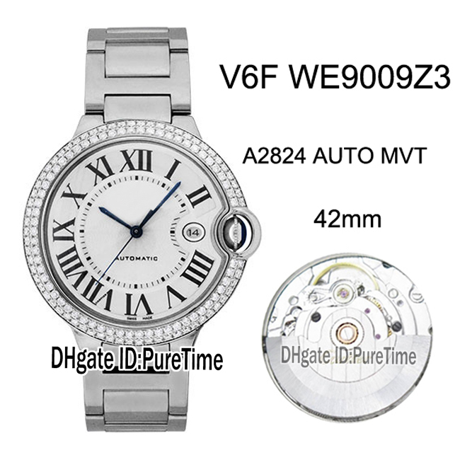 New V6F WE9009Z3 ETA A2824 Automatic Mens Watch Diamond Bezel White Textured Dial Black Roman Markers Steel Bracelet Best Edition Puretime, Customized waterproof service