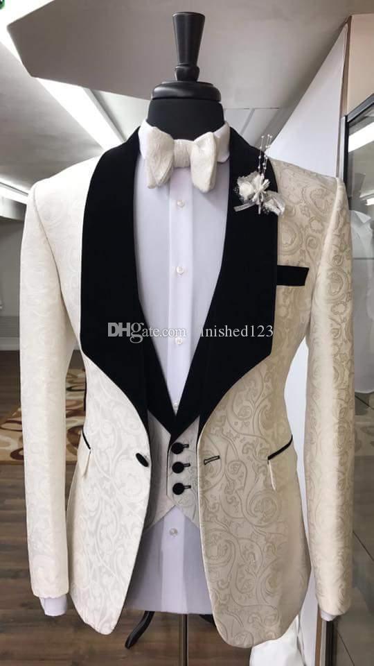 High Quality One Button Ivory Embossing Wedding Men Suits Shawl Lapel Three Pieces Business Groom Tuxedos (Jacket+Pants+Vest+Tie) W1072