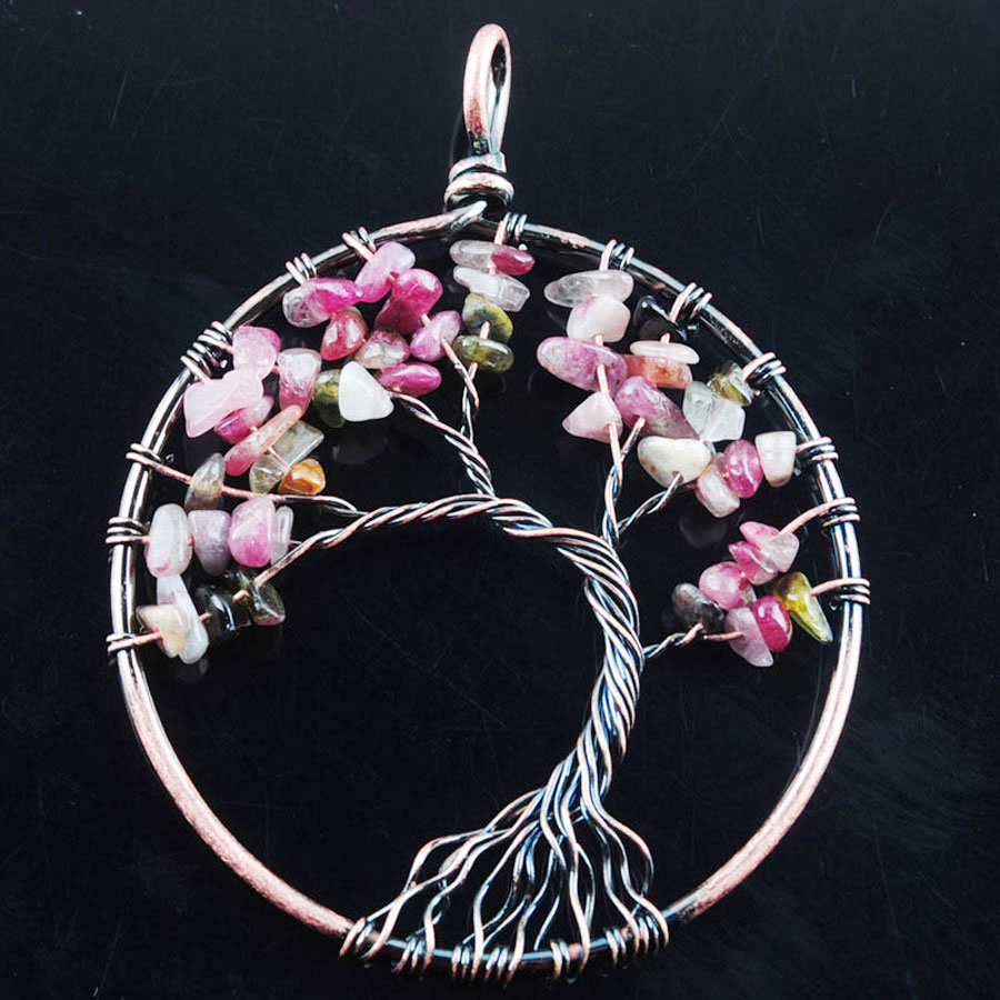 WOJIAER 52mm The Tree Of Life Ancient Copper Pendant Jewelry Natural Crystal Quartz Gem Stone Round BN326