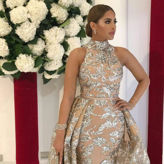 2020 Yousef Aljasmi Dubai Arabic Evening Dresses Prom Gowns Overskirt Detachable Train Champagne Mermaid Lace Applique Party Dress High Neck