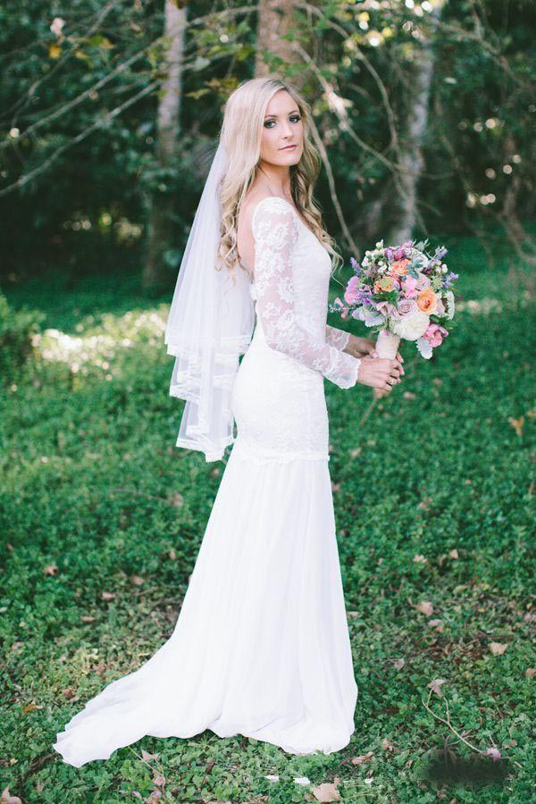 Simple Beach Wedding Dresses Summer Sheer Long Sleeves Bohemian Chiffon Lace Floor Length Mermaid Backless Bridal Gowns 2020