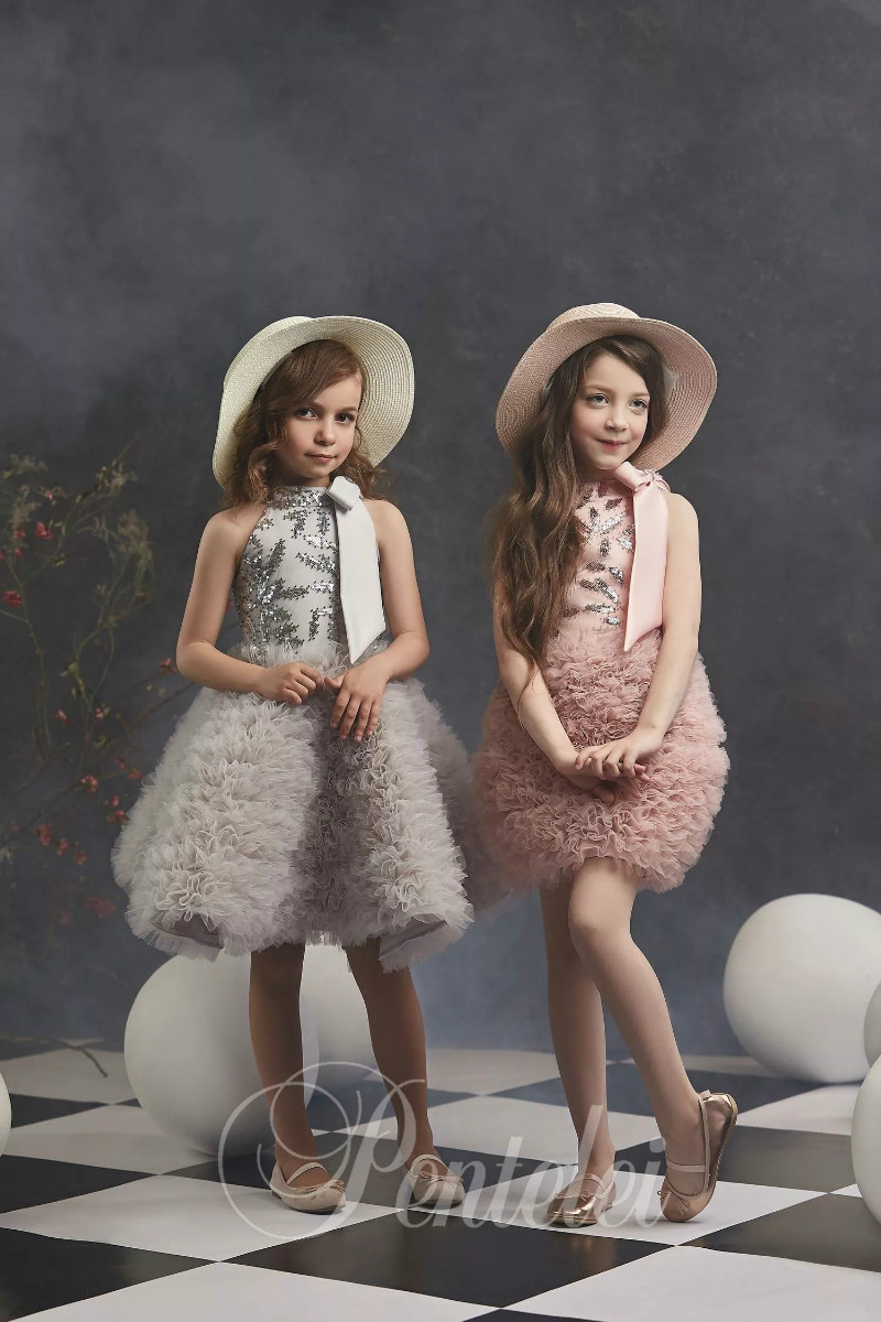 Dreamly A Line Flower Girl Dress Halter Sleeveless Hollow Bow Sequins Ruffles Tulle Tiered Pageant Dress Knee Length Girl's Birthday Part