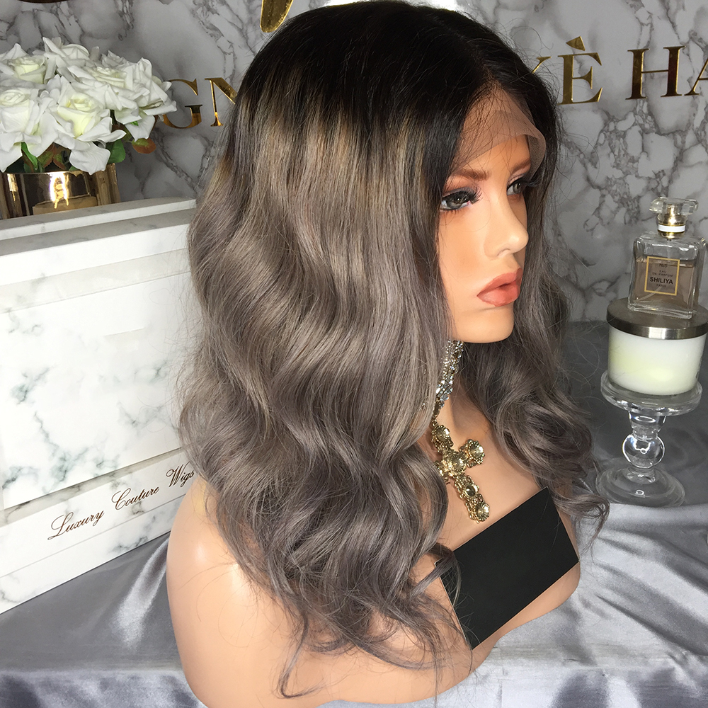 180density ombre grey Lace Front synthetic Wigs With Baby Hair Middle Ratio 13*4 body wave Lace Wig For Women Bleached Knots Pre-plucked