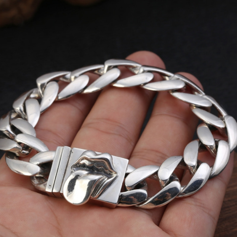 Gothic new 925 sterling silver handmade jewelry American European vintage antique silver big mouth tongue smooth link chain men's bracelets