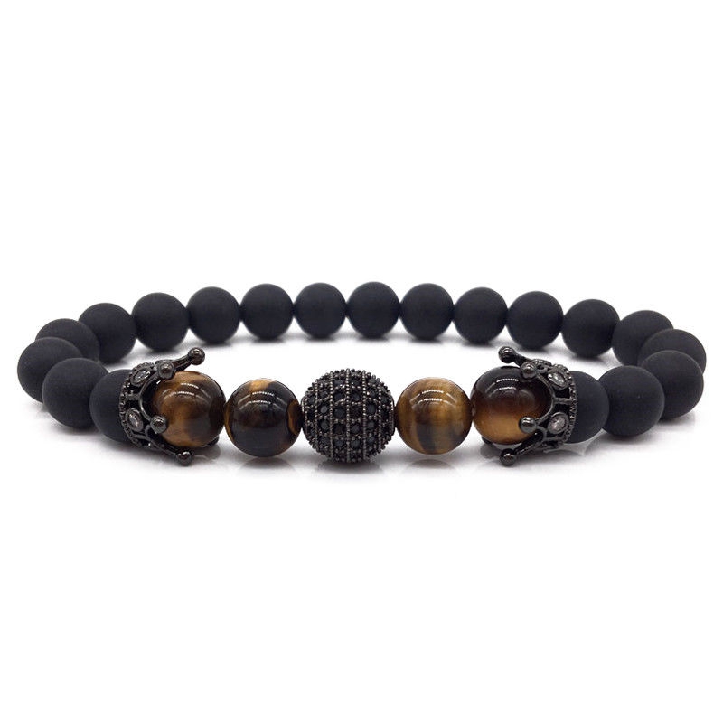 Double Crown 4 Tiger Eye Stone Bracelet Men and women Charm Mature Gentleman Birthday Valentine's Day Bead Bracelet