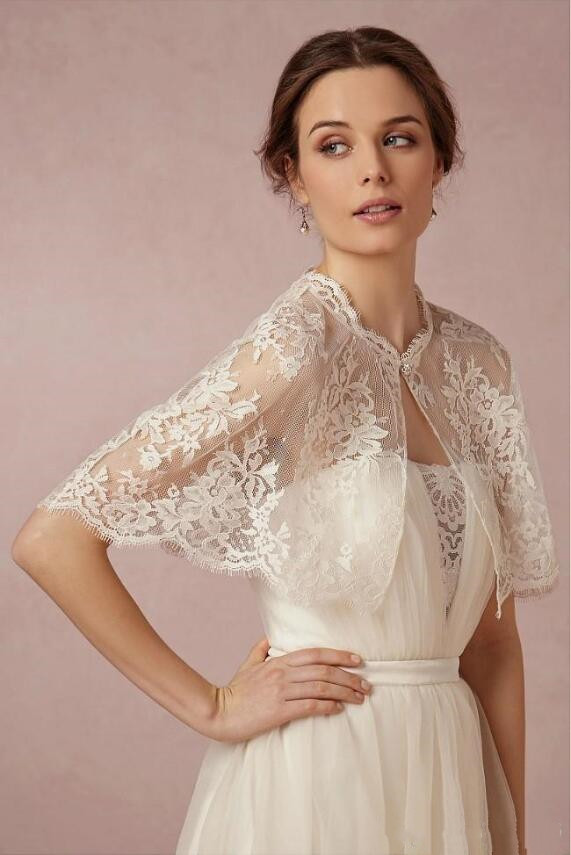 Vintage 2019 Wedding Wrap White Ivory Bolero Bridal Jackets Jewel Neck Sleeveless Lace BHLDN Plus Size Wedding Jacket