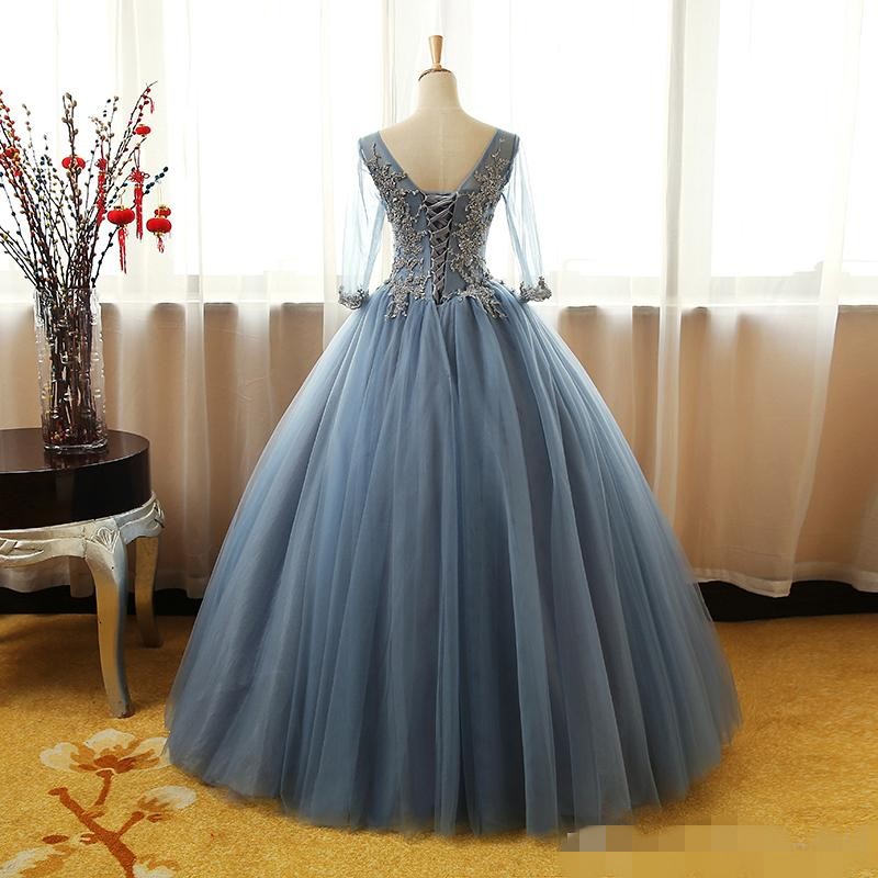 Dusty Blue Quinceanera Dresses 2020 3/4 Long Sleeves Illusion Tulle Sheer V Neck Gold Applique Beaded Sweet 16 Prom Ball Gown Custom Made