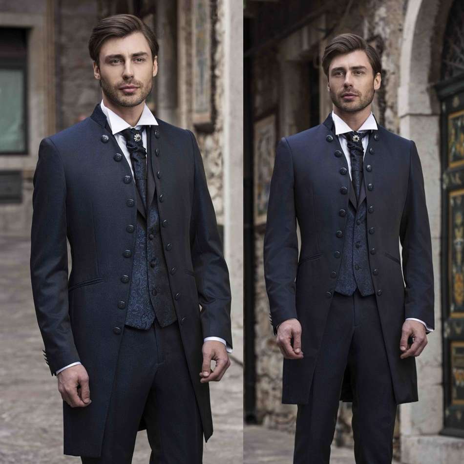 2019 Double-Breasted Groom Tuxedos Mandarin Lapel Slim Fit Mens Wedding Suits Formal Party Prom Suit Custom Made(Jacket+Vest+Pants)