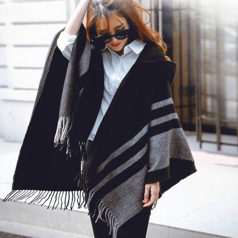 Fashion-Women's Wool Hooded Poncho with Hat Winter Scarves Black Beige Colors