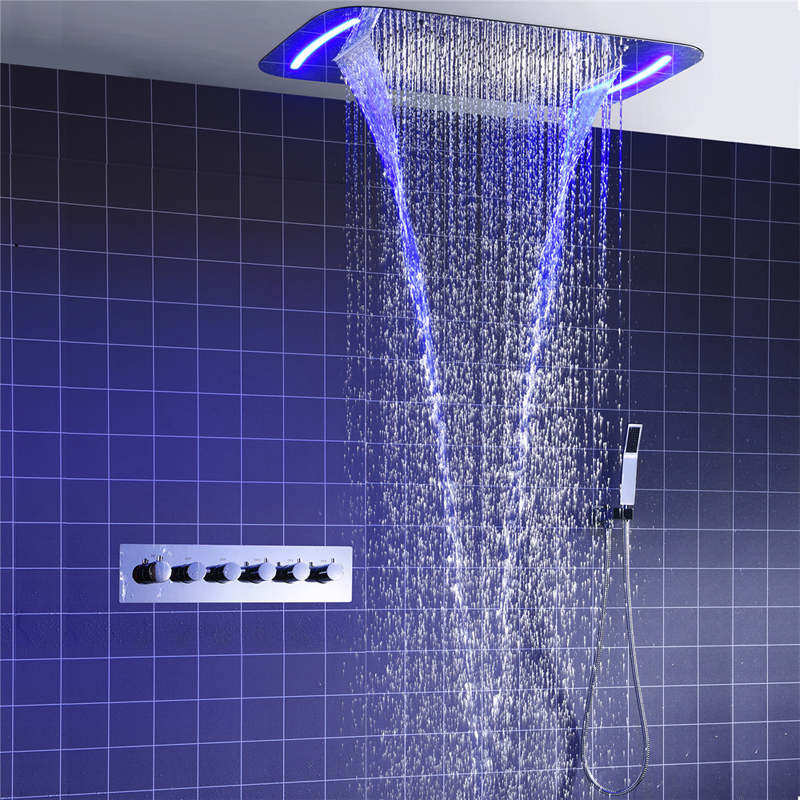 Bathroom Large Rainfall Waterfall Shower Set 304 Stainless Steel Ceiling LED ShowerHead Panel Thermostatic Mixer Valve Faucets