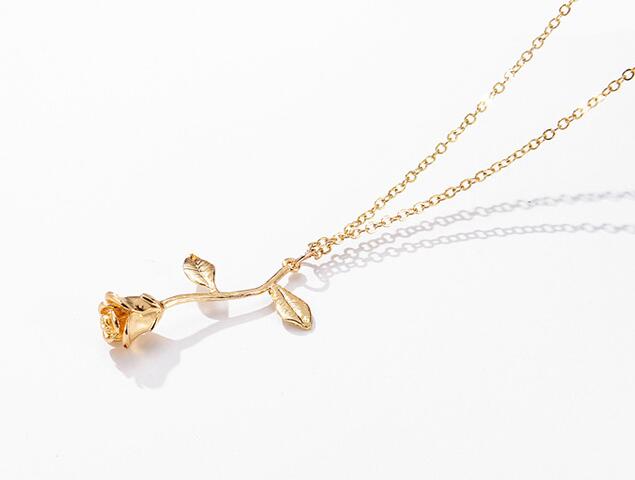 Fashion Jewelry Collier Pink Gold Rose Statement Pendant Necklace Women's Beauty and Beast Jewelry Lovers Gift GB70