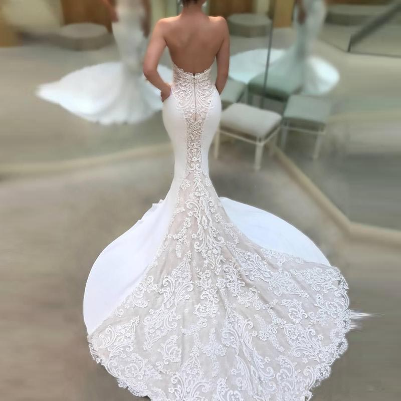 Sweetheart Slim Lace Appliques Mermaid Wedding Dresses Long Sexy Backless Petite Garden Spring Bridal Gowns Cheap Long