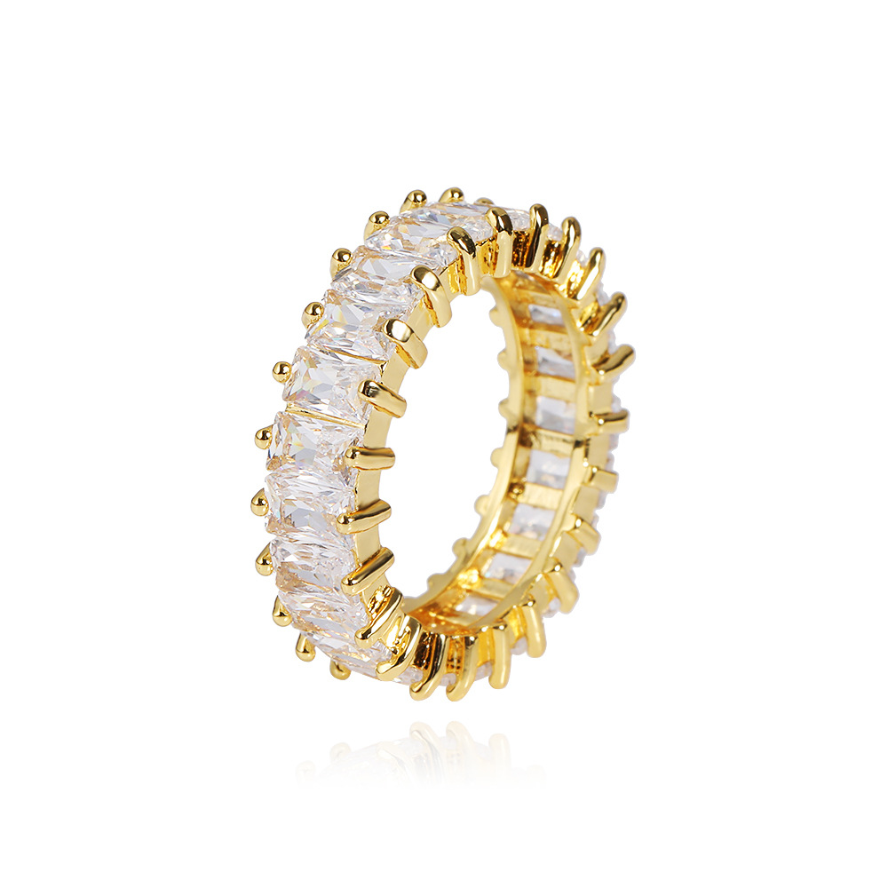 Hip Hop Square Zirconia Bling Ring With Side Stones 18K Real Gold Plated Women Men's Finger Rap Ring