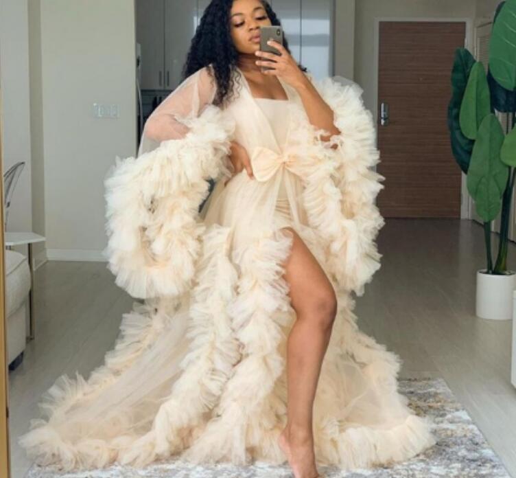Ruffles Tulle Kimono Women Dress Sexy Robe Puffy Prom Party Dresses Puffy Sleeves African Cape Cloak Plus Size robe de soiree Pregnant Gown