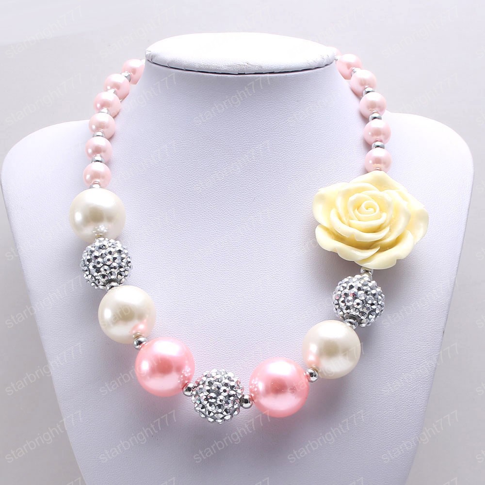 Child Girls Chunky Beads Necklace Fashion Rose Flower Chunky Necklace Jewelry For Baby Kids Sweetly Design Birthday Gift