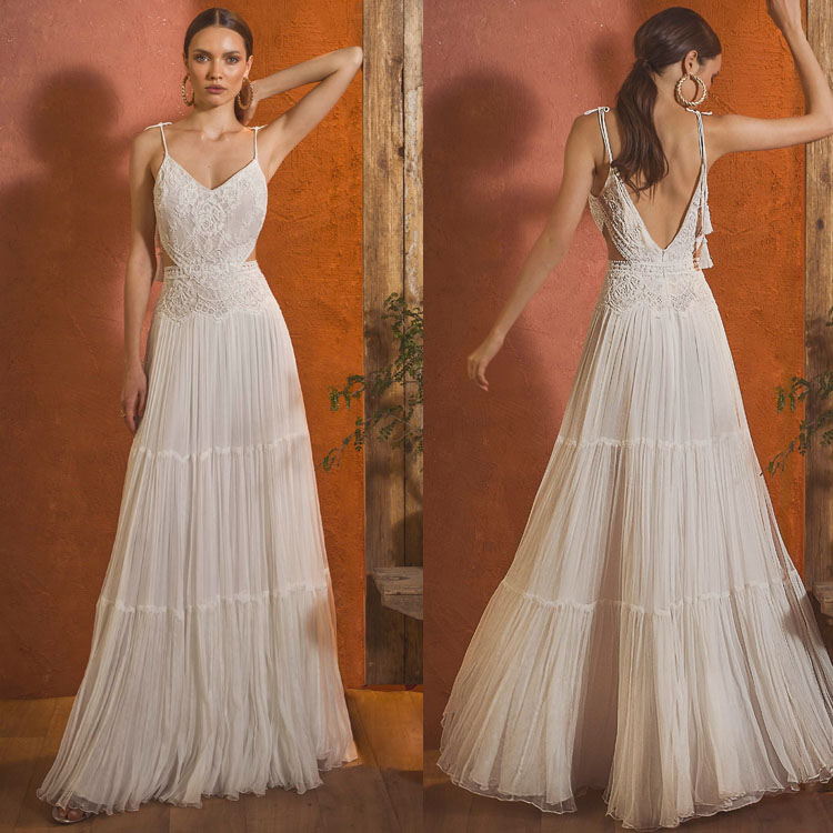 Vintage Bohemian A Line Wedding Dresses Elegant Spahetti V Neck Backless Wedding Dress Lace Appliqu Bridal Gown