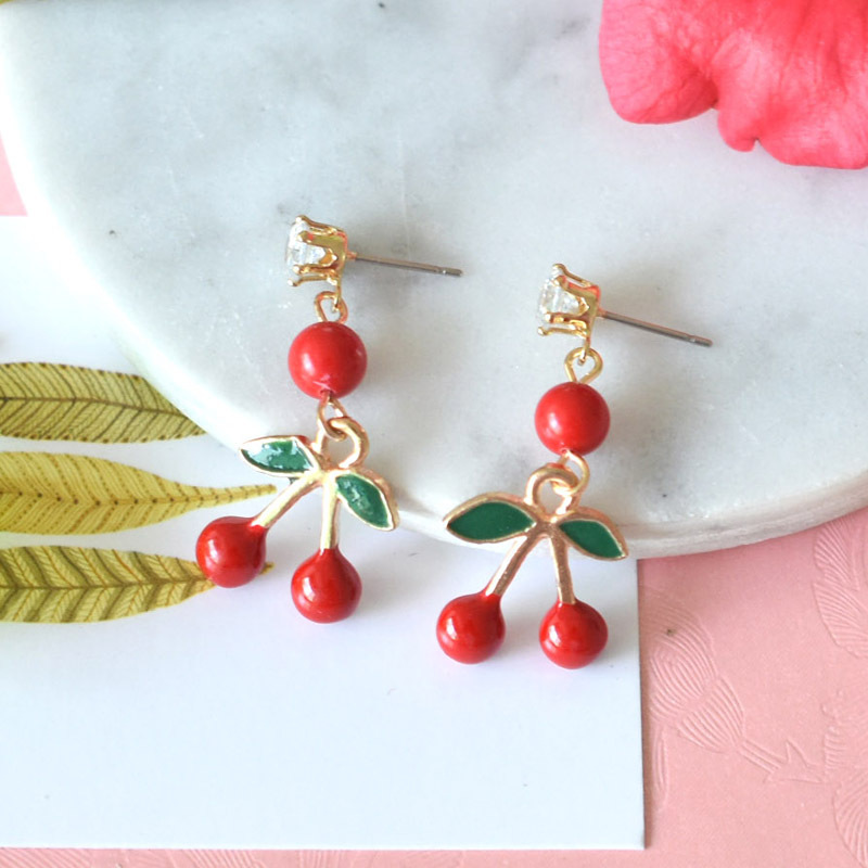 Fashion-Earrings For Women 925 Silver Fruit Ear Studs Long Cherry Earrings Clips Enamel Jewlery Wholesale