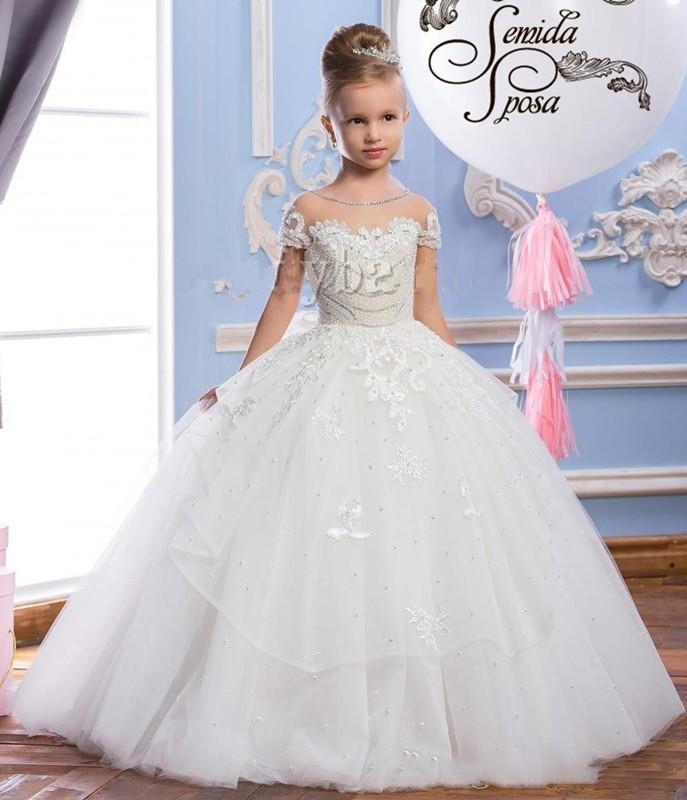 2020 Tulle Arabic Flower Girl Dresses For Wedding Sheer Neck Vintage Pearls Child Pageant Dresses Beautiful Flower Girl Wedding Dresses