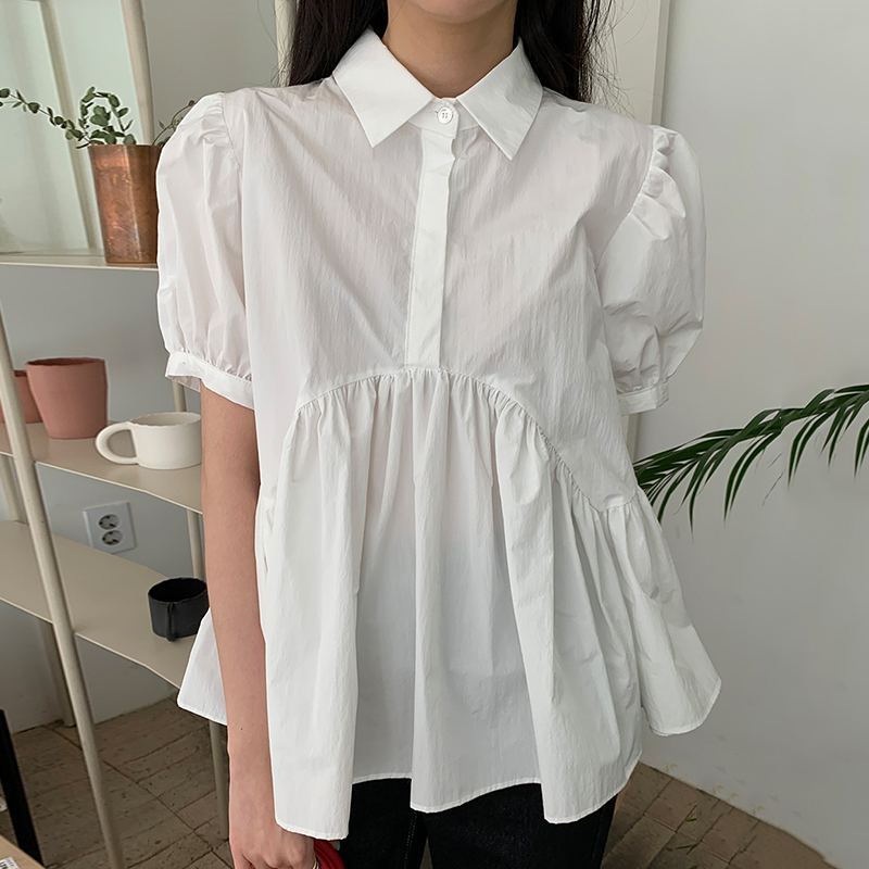 iMucci Korean chic simple wild collar loose hem wrinkle design sense casual bubble sleeve doll shirt female tide, Black
iMucci Korean chic simple wild collar loose hem wrinkle design sense casual bubble sleeve doll shirt female tide, Black