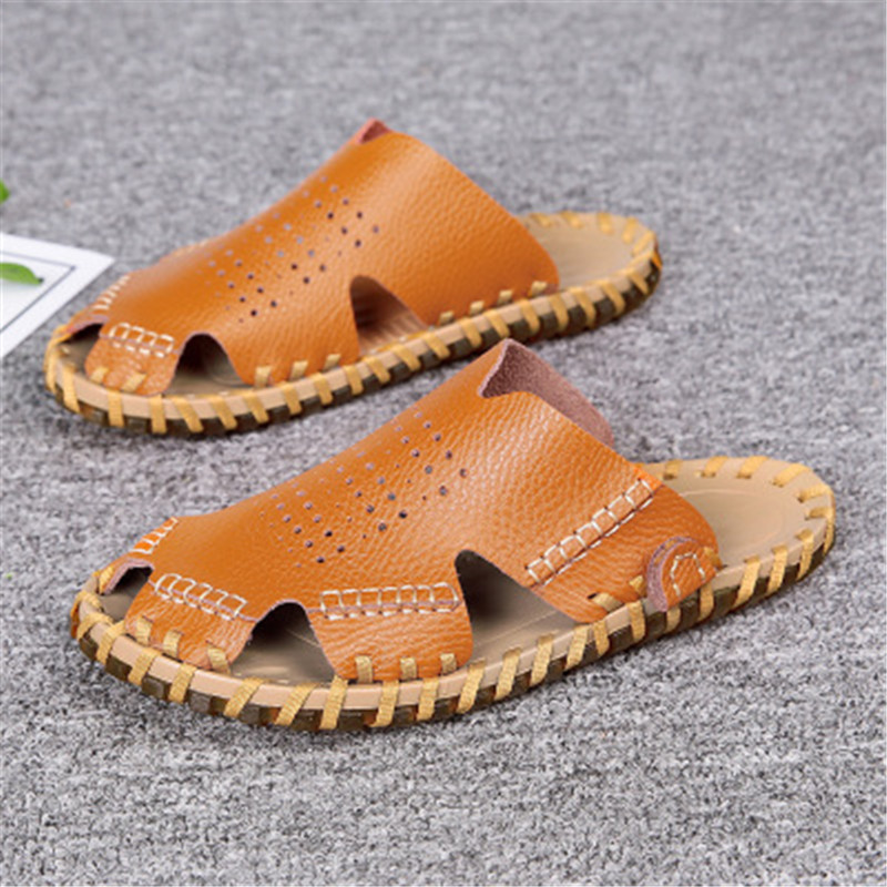 Hot Sale-2019 Genuine Leather Men Sandals Black Brown Sewing Beach Shoes Men Cool Summer Shoes Breathable Mens Leather Sandals size 38-44