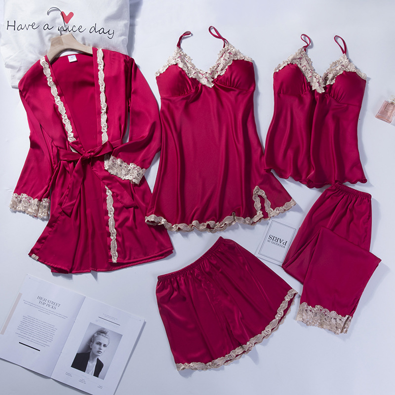 Silk Pyjamas Women 5 Pieces Sets Sexy Lace female Satin Pajama Summer Pijama Sexy sleepwear for Women Chest Pads V191213