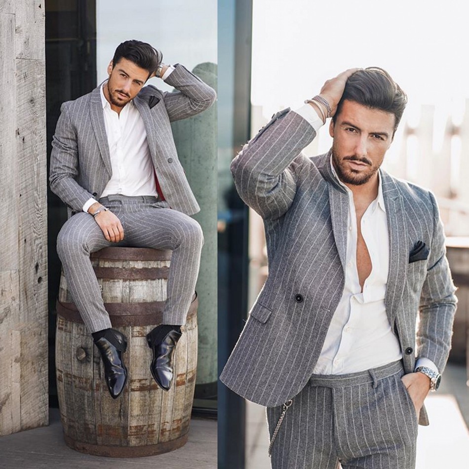 Grey Stripe Mens Suits Two Piece Tweed Suit Herringbone Fashion Notched Lapel Custom Made Groom Wear Wedding Tuxedos Jacket Pants