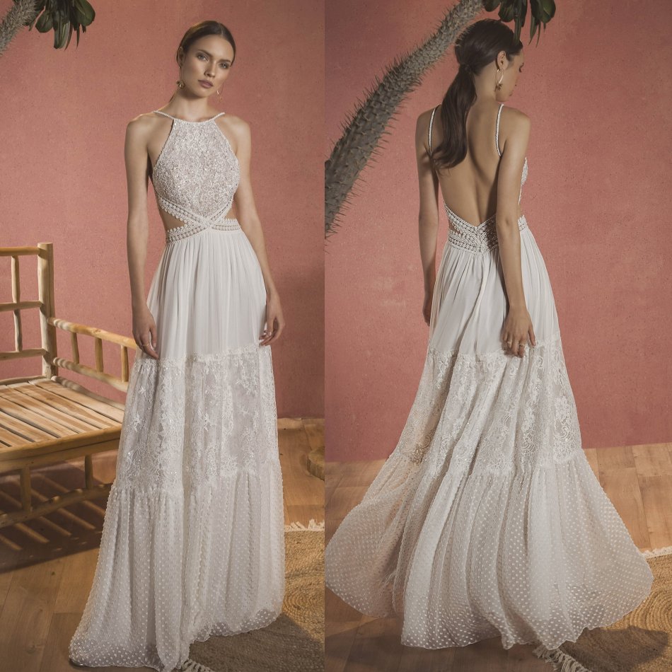 Fahion Bohemian Wedding Dresses Sezy Cutaway Sides A Line Chiffon Lace Appliqued Bridal Gowns Sequins Backless robes de mariée
