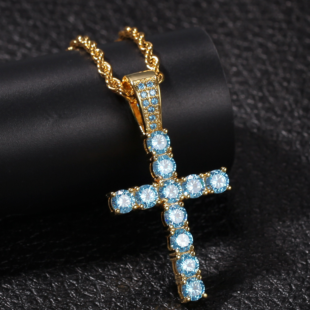 Light Blue Diamond Cross Pendants Necklace Jewelry Platinum Plated Men Women Lover Gift Couple Religious Jewelry