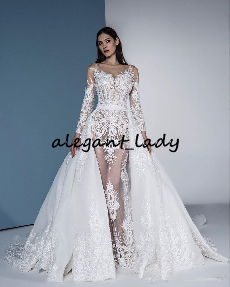 Illusion Long Sleeve Wedding Dresses with Detachable Train 2020 White Lace Applique Nude Net Mermaid Arabic Dubai Bride Wedding Gown