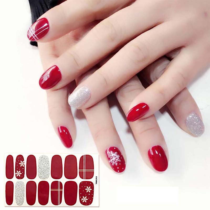 14pcs Cute Christmas Snowflake Santa Claus 3D DIY Fashion Style Plastic Art Short Fake False Sticker Red Nail Tips Glue Gel