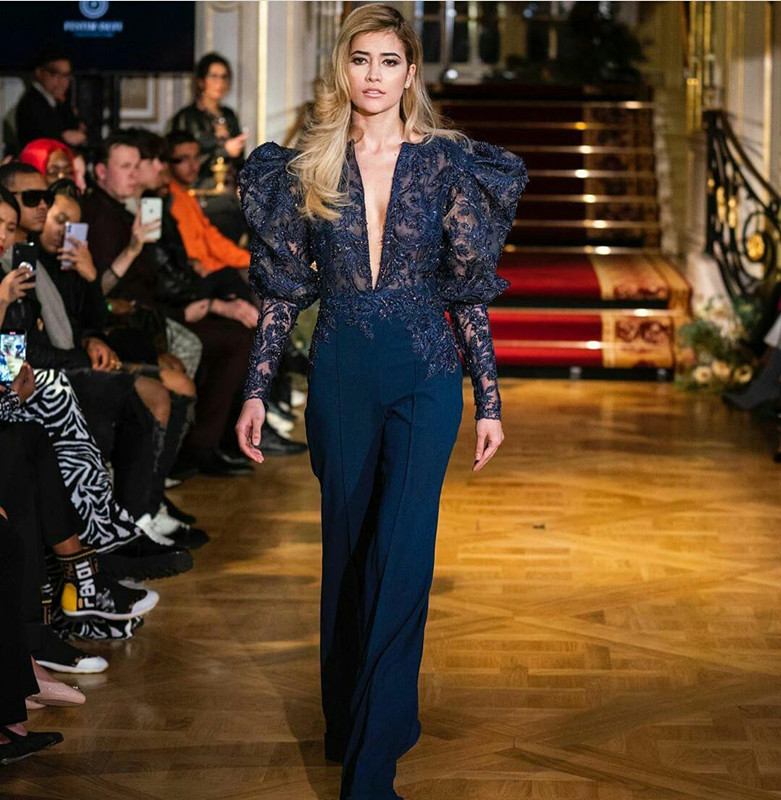 Navy Blue Evening Jumpsuit 2021 Sexy V-neck Puffy Long Sleeve Luxury Lace Applique Red Carpet Celebrity Prom Dress Pant Suit