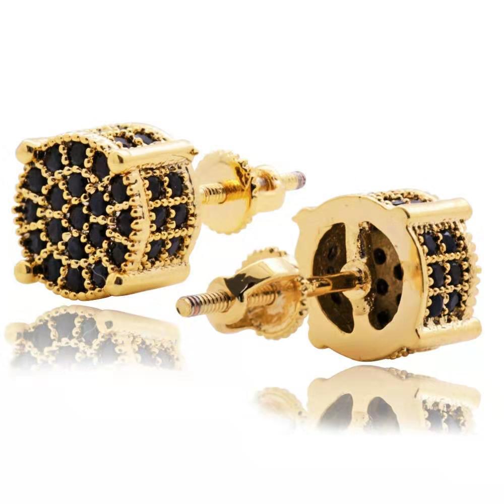 hip hop iced out ear studs for men luxury designer bling black diamond earrings 18k gold plated fashion ear jewelry birthday gifts