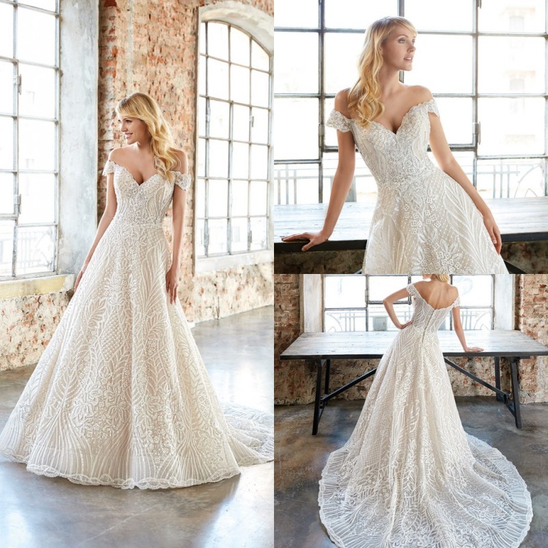 2020 A Line Wedding Dresses Portrait Lace Applique Sequins Rhinestone Wedding Dresses Sweep Train Bridal Gowns Vestidos De Novia