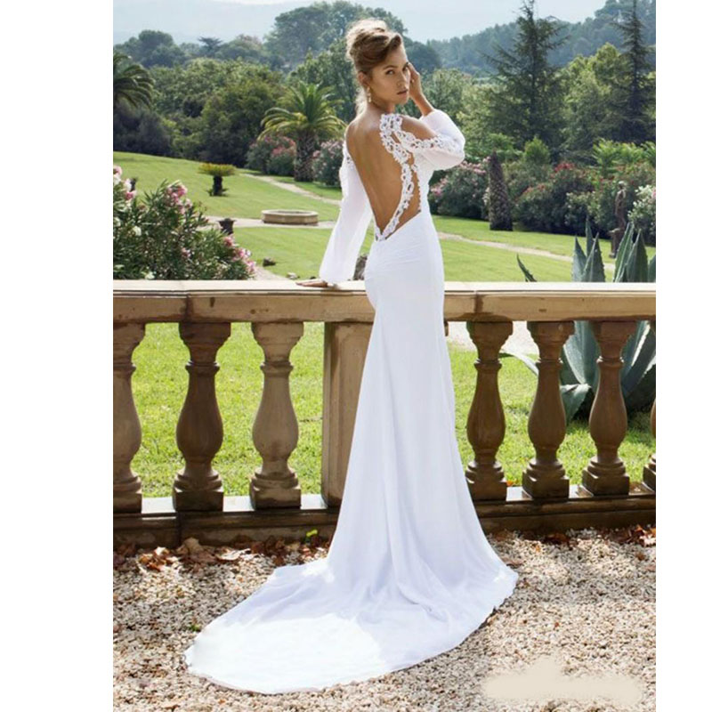 2020 Simple Mermaid Wedding Dresses Off Shoulder Long Sleeve Beads Appliques Satin Wedding Dresses Sweep Train Vestidos De Novia