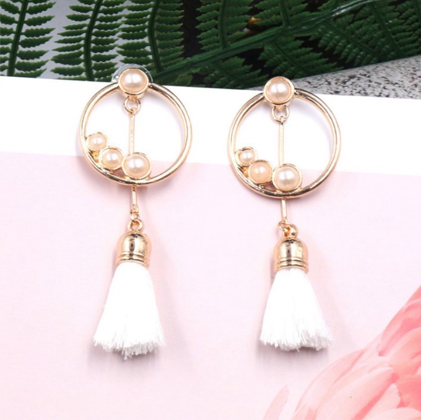 Long fringed earrings round with pearl diamond accessories female dress cocktail wedding earrings