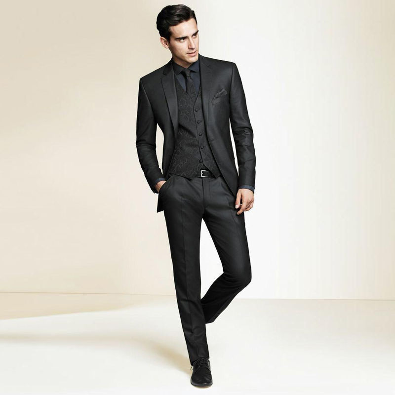 Black Mens Wedding Suits Three Pieces 2019 Custom Made Peaked Lapel Groom Tuxedos Slim Fit Groomsmen Businessmen Suit