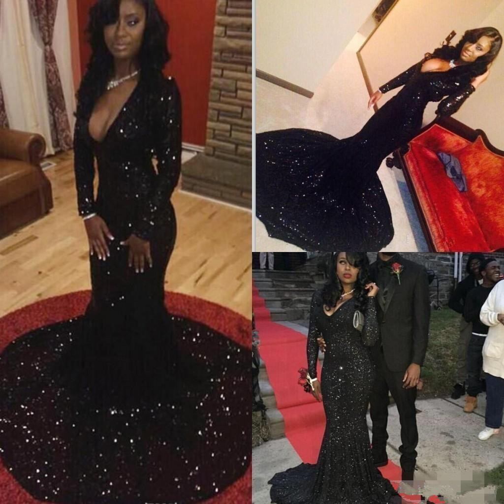 2019 Bling Long Sleeves Mermaid Prom Dresses Sequins Sexy Plunging Neckline Court Train Evening Gowns Women Formal Party Dress Cheap