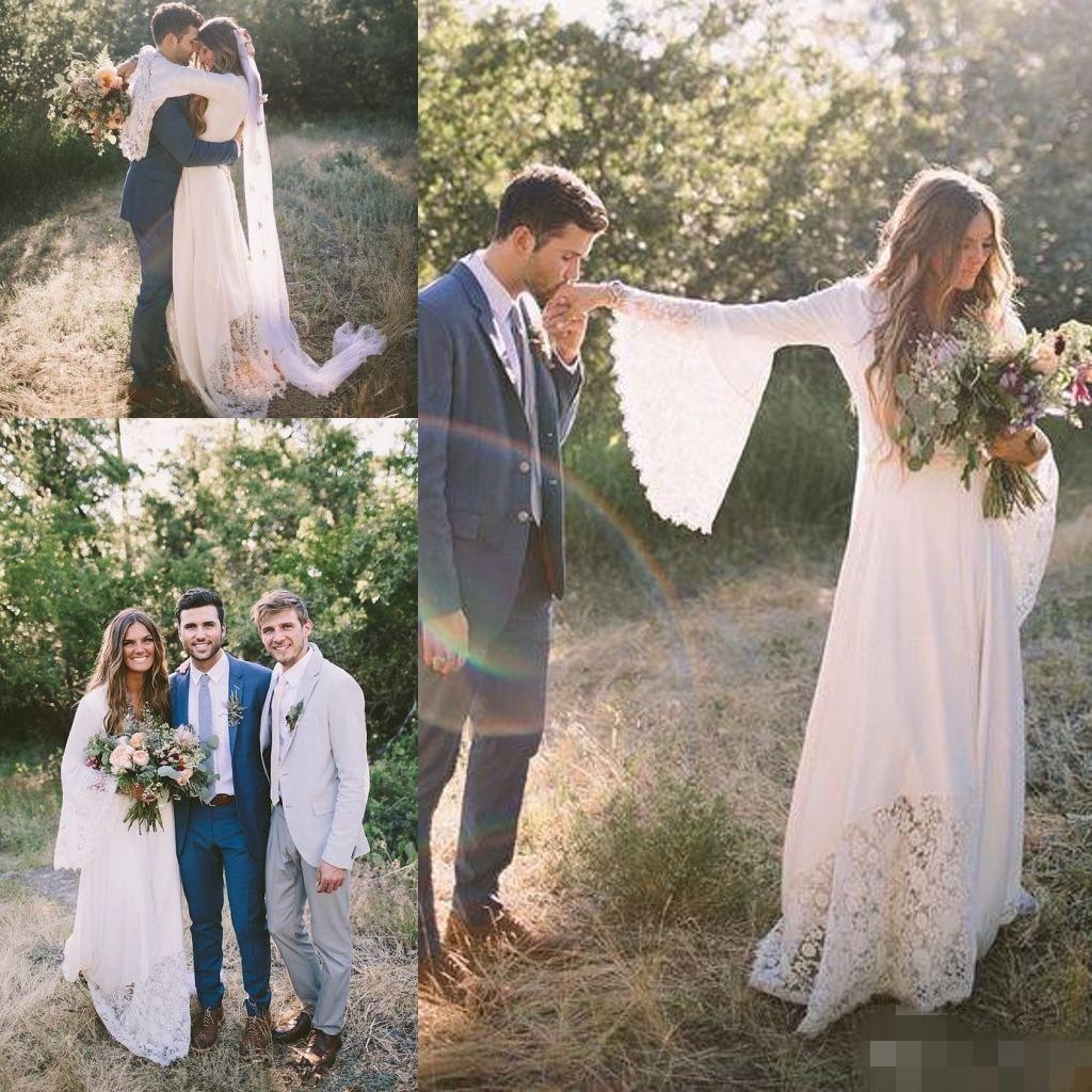 Boho Country Dresses Lace V Neck Long Poet Sleeves Custom Made Beach Wedding Bridal Gown Plus Size Vestido De Novia Estido