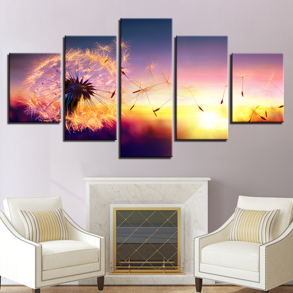 Canvas Pictures Modern Home Decor HD Prints Posters 5 Pieces Flower Dandelion In Sunset Paintings Living Room Wall Art No Frame