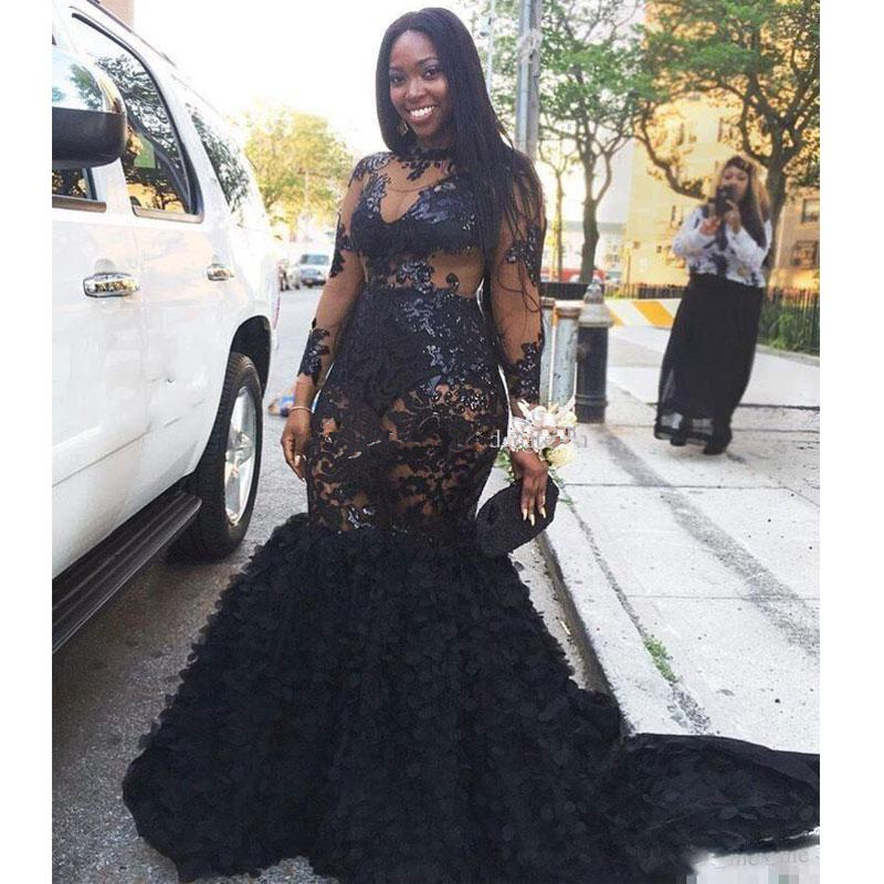 africa black mermaid prom dresses jewel long sleeves lace appliques sequined evening gowns plus size formal party dress abendkleider