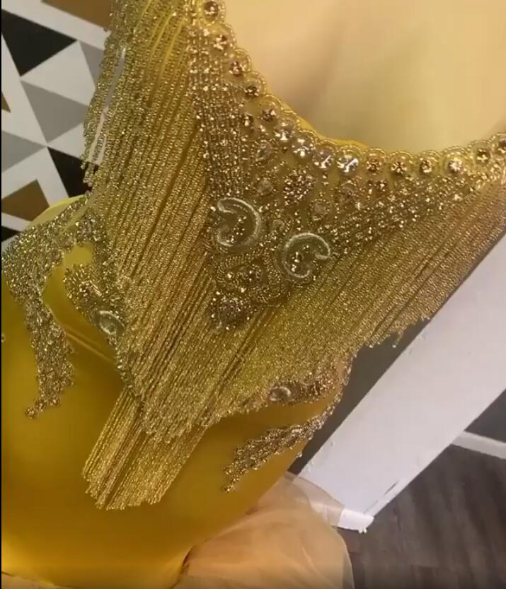 Aso Ebi 2020 Arabic Yellow Luxurious Sexy Evening Dresses Mermaid Beaded Crystals Prom Dresses Tulle Formal Party Second Reception Gowns ZJ4