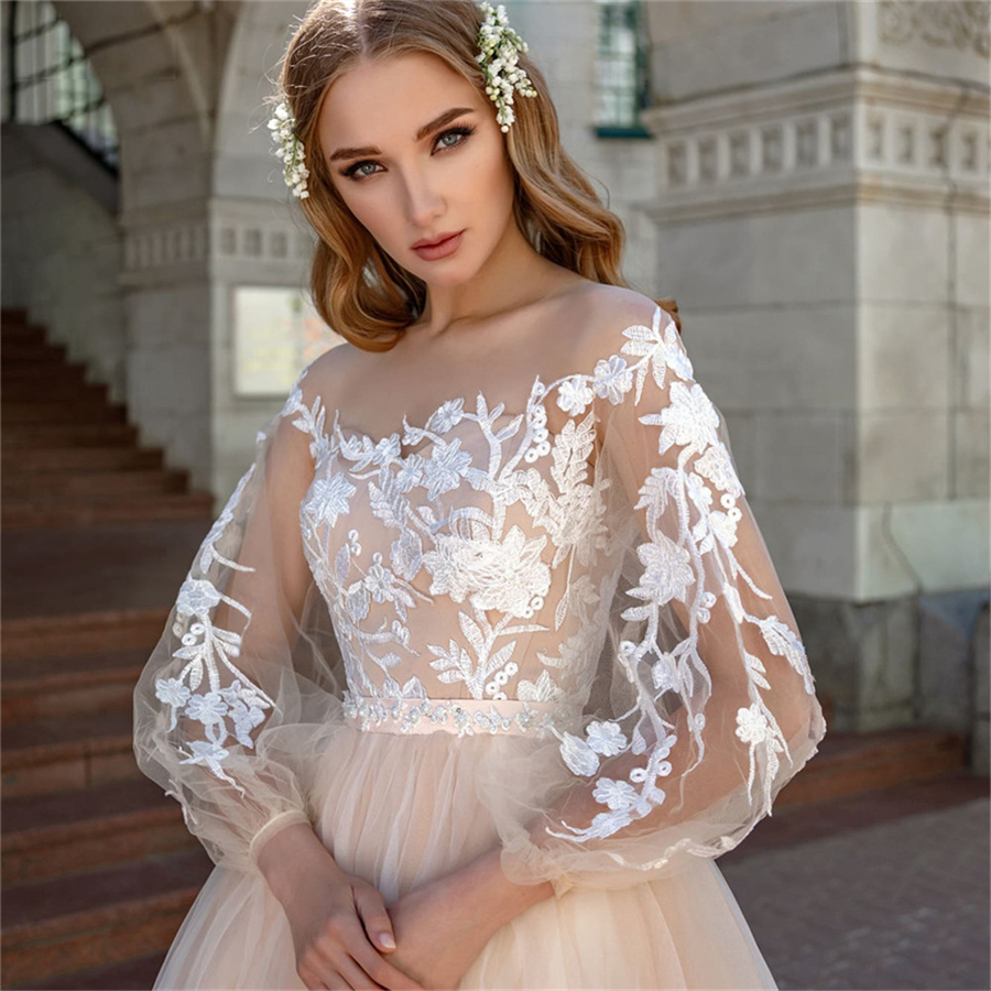 Appliques A-line Wedding Dress Lantern Sleeves Tulle Boho Bridal Gowns Vestido De Novia Princess