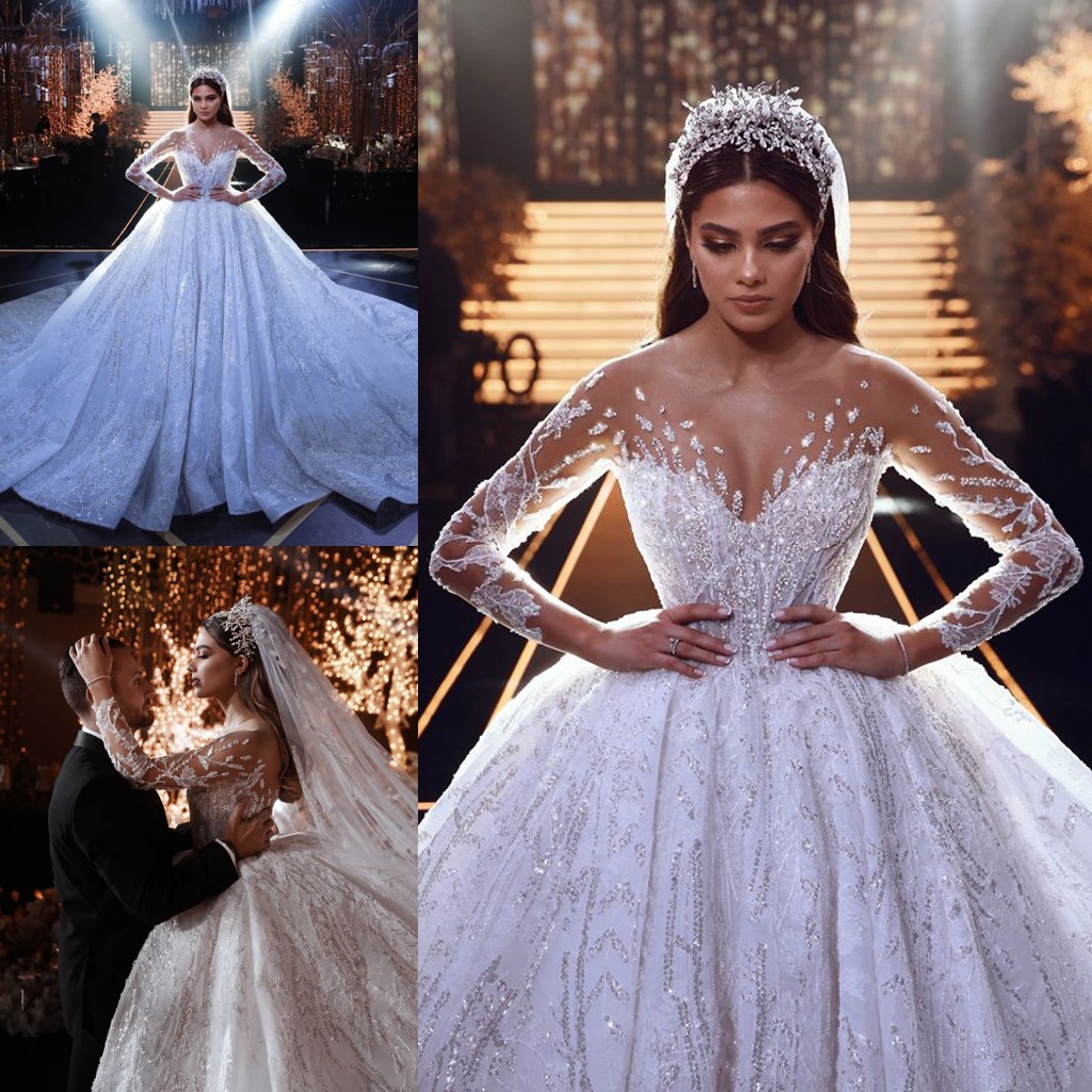 2020 Arabic Wedding Dresses Jewel Neck Lace Appliques Beads A Line Sweep Train Country Wedding Dress Custom Made Vestidos De Novia