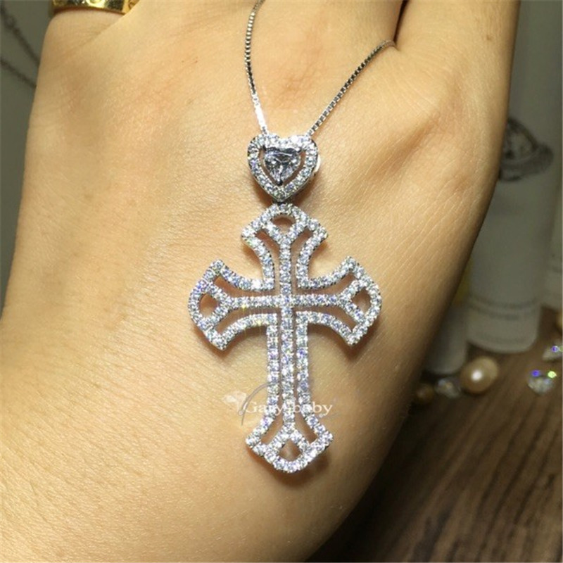 Heart love Big Cross pendant necklace 925 Sterling silver 5A zircon Cz Party wedding Cross Pendant for women men Jewelry