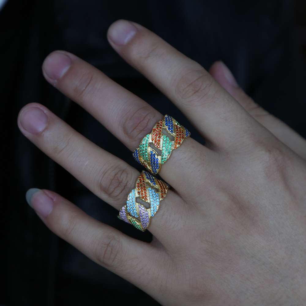 hip hop bg boy ring jewelry colorful micro pave rainbow cz Miami cuban k chain Gold plataed engagement band rings for men