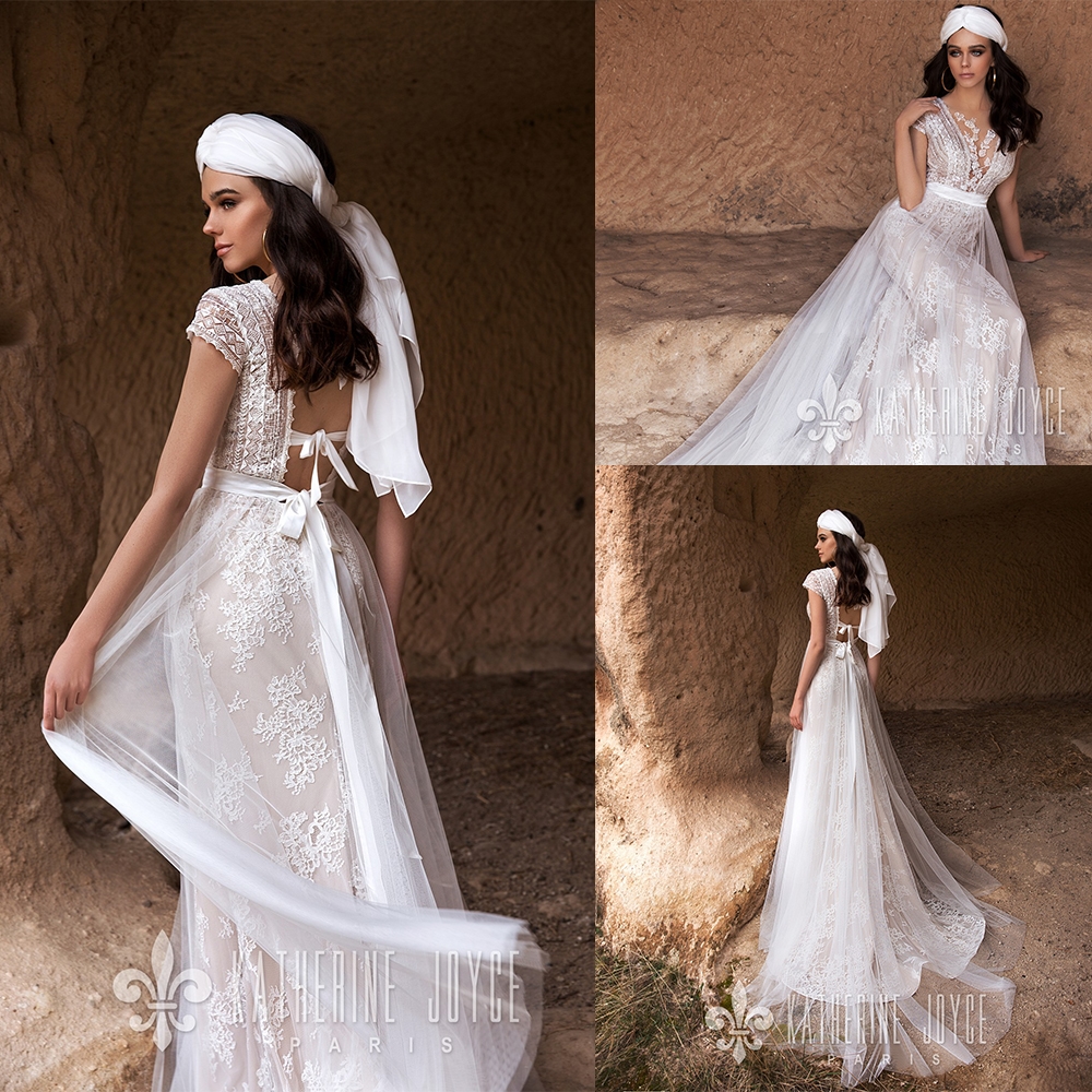 Elegent A Line Katherine Joyce Wedding Dresses Jewel Neck Short Sleeve Tulle Lace Applique Lace Up Wedding Gowns Sweep Train robe de mariée